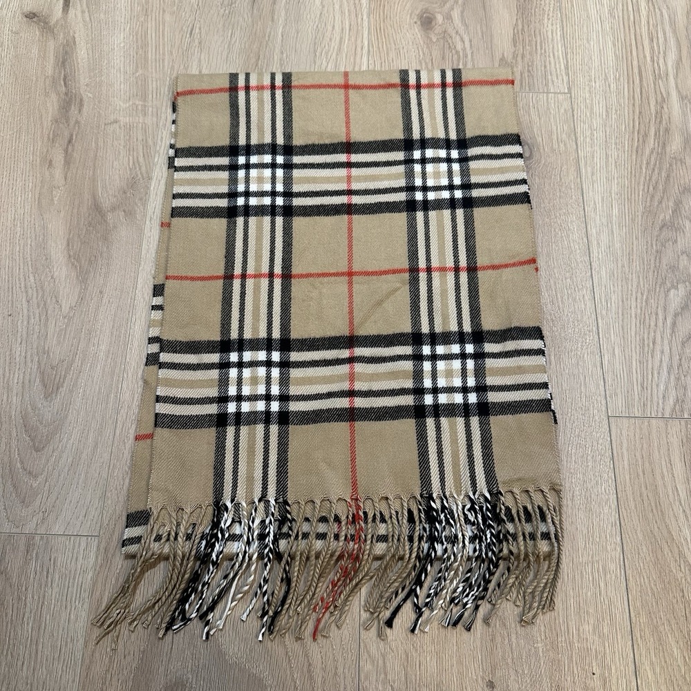 Nova Check Scarf 100% Cashmere, Fringe Plaid Made In Scotland Tan, Black, Red